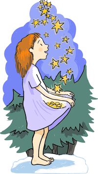 Eine Zeichnung des Sterntaler-Mädchen aus dem Märchen, hält ihr Nachthemd auf, um herunterfallende Sterne zu fangen